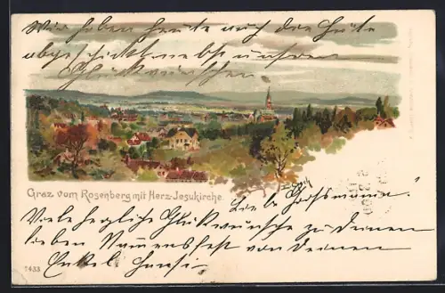 Künstler-AK Graz, Teilansicht vom Rosenberg mit Herz-Jesukirche