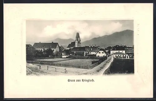 AK Krieglach, Ortspanorama mit Nutzgarten u. Strasse