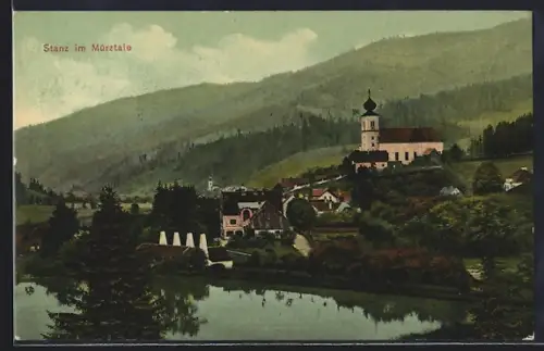 AK Stanz im Mürztale, Ortsansicht mit Umgebung vom Wasser aus