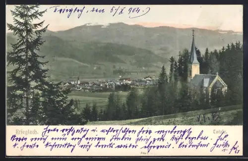 AK Krieglach, Totalansicht mit Bergkirche