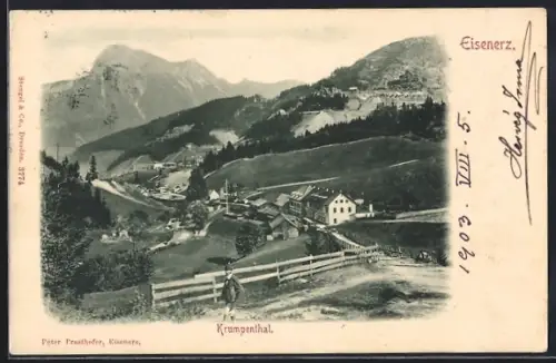 AK Eisenerz, Krumpenthal, Blick zum Ort, Berggipfel