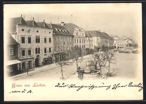AK Leoben, Platzpartie mit Konditorei Wimmer u. Brunnen aus der Vogelschau