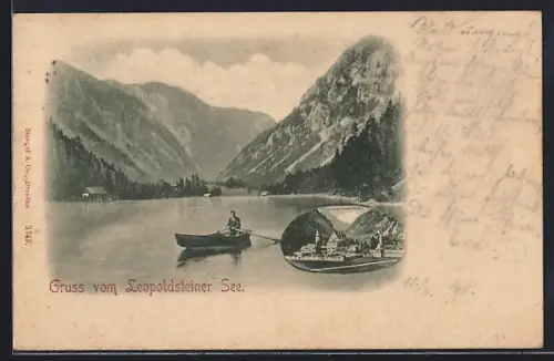 AK Leopoldsteiner See, Schloss Leopoldstein, Mann mit Ruderboot auf Leopoldsteiner See