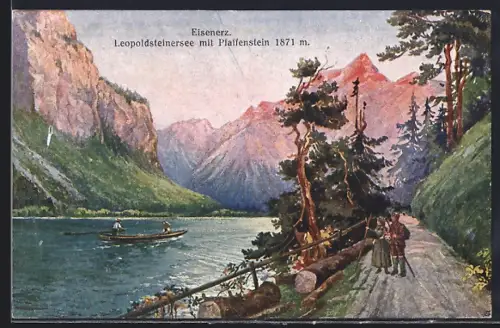 AK Eisenerz, Leopoldsteinersee mit Pfaffenstein 1871 m., Ruderboot, Wanderer