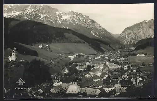 AK Eisenerz, Totalansicht mit Bergpanorama aus der Vogelschau