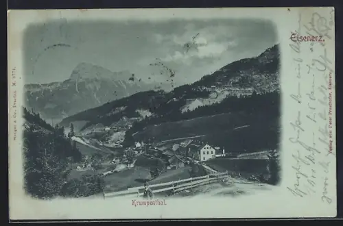 Mondschein-AK Eisenerz, Krumpenthal, Ortsansicht aus der Vogelschau