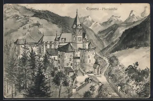 Künstler-AK Eisenerz, Pfarrkirche mit Gipfelpanorama