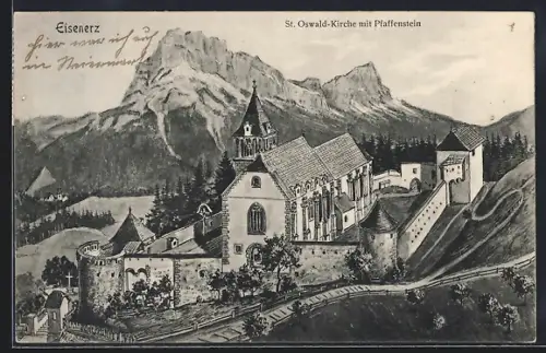 Künstler-AK Eisenerz, St. Oswald-Kirche mit Pfaffenstein