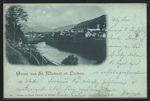 Mondschein-AK St. Michael ob Leoben, Flusspartie mit Ortspanorama