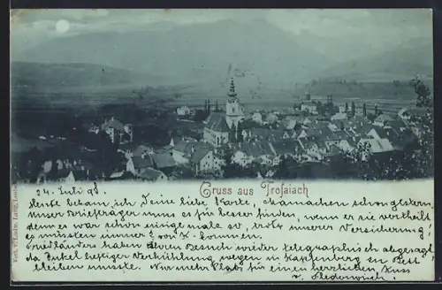 Mondschein-AK Trofaiach, Totalansicht mit Fernblick aus der Vogelschau