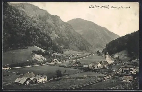 AK Unterwald, Gesamtansicht mit Bahnstrecke u. Landstrasse