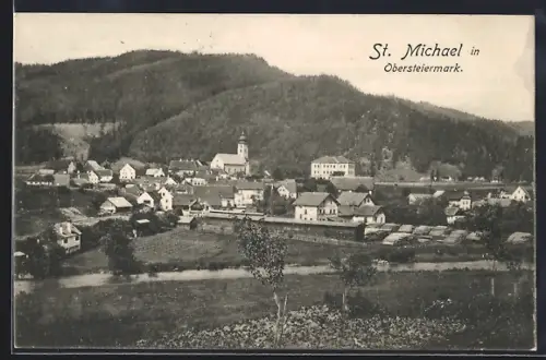 AK St. Michael /Obersteiermark, Ortsansicht mit Fluss und Berg
