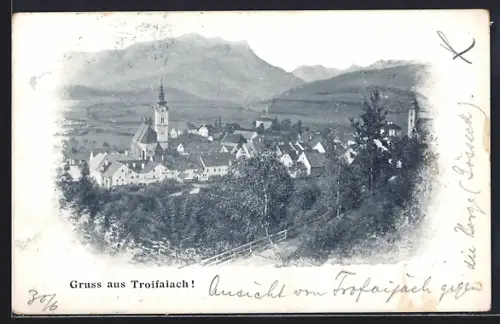 AK Trofaiach, Totalansicht mit Gipfelpanorama aus der Vogelschau