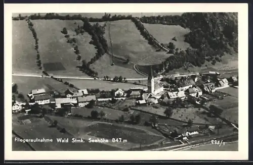 AK Wald, Totalansicht mit Kirche, Fliegeraufnahme