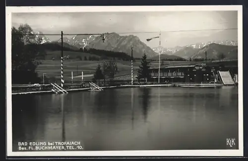AK Trofaiach, Gaststätte / Freibad Bad Edling Fl. Buchmayer, Panorama mit Bergen vom Wasser aus