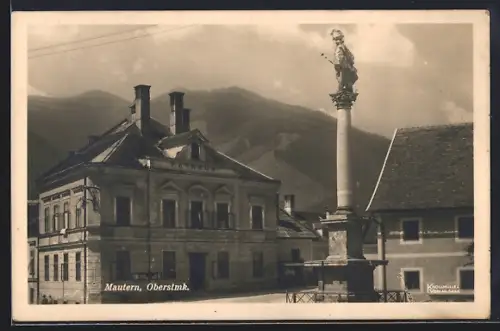AK Mautern / Steiermark, Ortsansicht mit Denkmal
