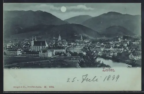 AK Leoben, Ortsansicht mit Kirche und Brücke