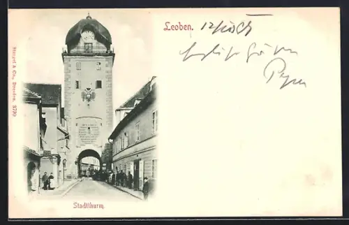 AK Leoben, Stadtthurm mit Durchblick u. Strasse