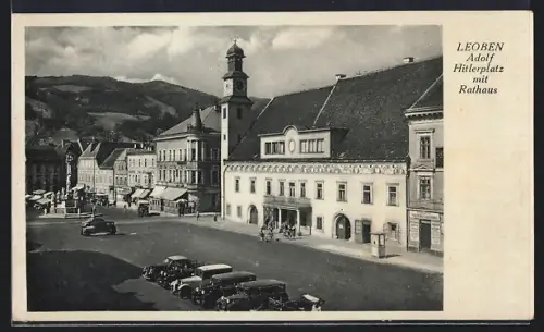 AK Leoben, platz mit Rathaus aus der Vogelschau