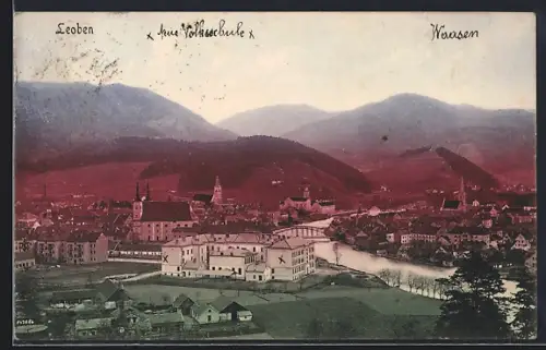 AK Leoben, Teilansicht mit Bergpanorama und Brücke