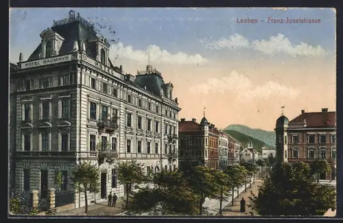 AK Leoben, Hotel Baumann mit Franz-Josefstrasse aus der Vogelschau