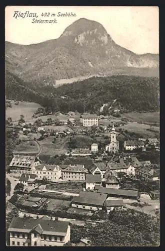 AK Hieflau, Ortsansicht mit Bergblick aus der Vogelschau