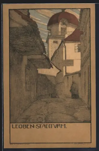 Künstler-AK Leoben, Blick zum Stadtturm