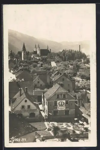 AK Göss, Ortspartie mit Blick zum Schloss