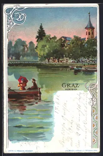 Lithographie Graz, Hilmteich, Paar im Ruderboot