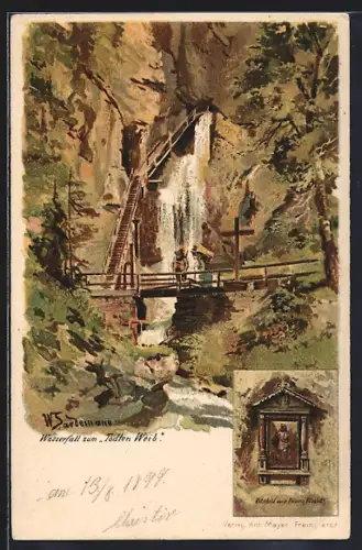 Künstler-AK Mürzsteg, Wasserfall zum Todten Weib, Votivbild der Kaiserin Elisabeth