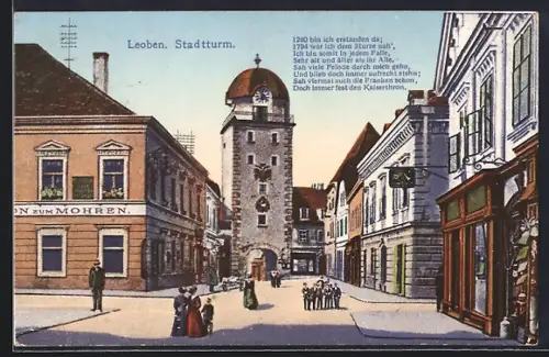 AK Leoben, Strassenpartie am Stadtturm mit Geschäften