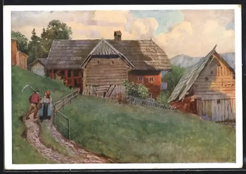 Künstler-AK Krieglach, Gehöft mit Bauern