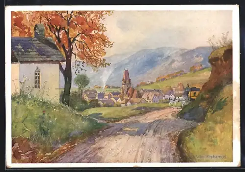 Künstler-AK Krieglach, Ortsansicht von der Alpsteigstrasse