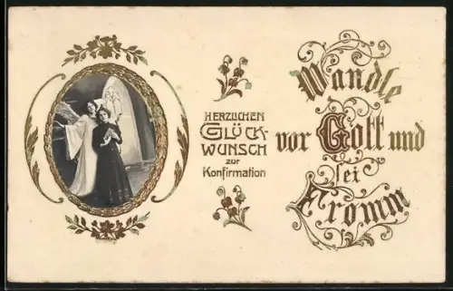 Foto-Collage-AK Mädchen mit einem Engel zur Konfirmation