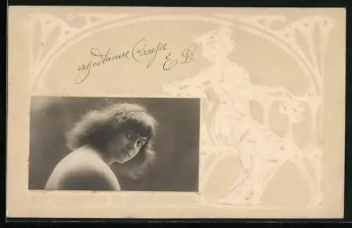 Foto-Collage-AK Dame mit kurzen Haaren schaut sich über die Schulter