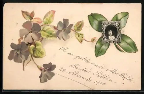 Foto-Collage-AK Porträt in einem Kleeblatt mit Blumen