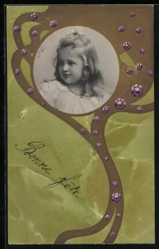 Foto-Collage-AK Porträt eines Mädchens in goldenem Rahmen, Bonne fête