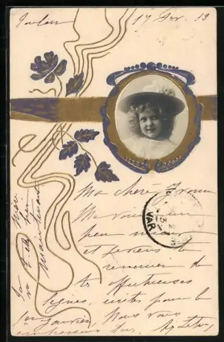 Foto-Collage-AK Mädchen mit Hut in einem gold-lilanen Rahmen