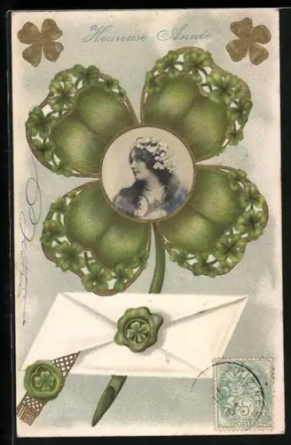 Foto-Collage-AK Porträt einer Frau in einem Kleeblatt mit Brief