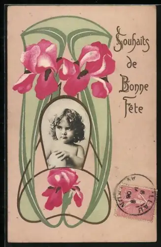 Foto-Collage-AK Porträt eines Kindes in Blumen, Fouhaits de Bonne Fete