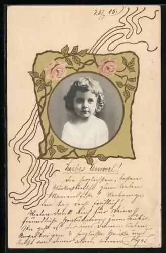 Foto-Collage-AK Porträt eines Kindes in einem Rahmen mit Rosen