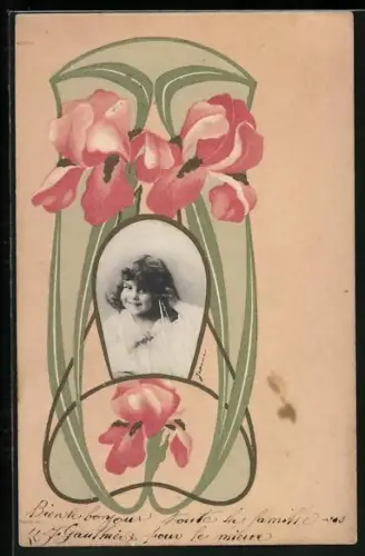 Foto-Collage-AK Porträt eines Mädchens mit Blumen
