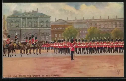 Künstler-AK The King taking the salute of the Guards