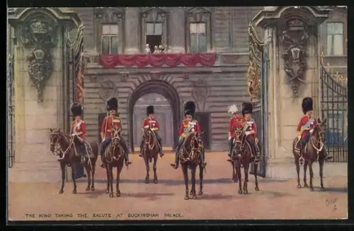 Künstler-AK London, The King taking the salute at Buckingham Palace