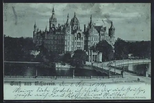 Mondschein-AK Schwerin / Mecklenburg, Schloss mit Brücke, Stadtseite
