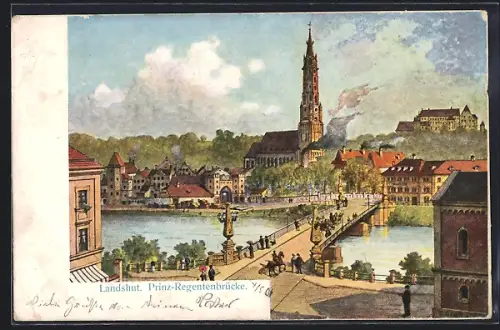 Künstler-AK Landshut / Isar, Prinz-Regentenbrücke mit Stadtpanorama