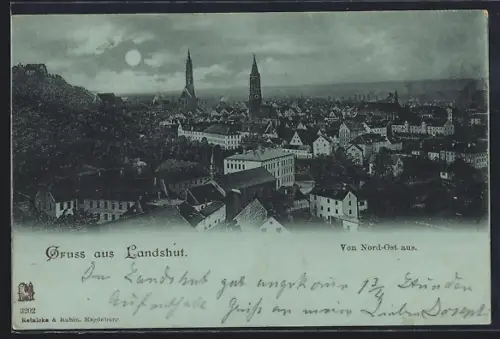 Mondschein-AK Landshut / Isar, Totalansicht von Nord-Ost aus