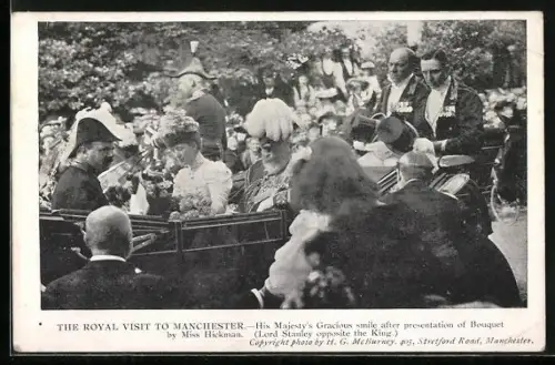 AK Manchester, the Royal Visit, his Majesty's Gracious smile after presentation of Bouquet