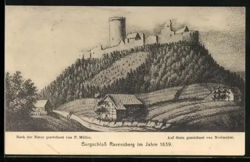 Künstler-AK Borgholzhausen, Burg Ravensberg im Jahre 1839
