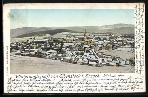 Goldfenster-AK Eibenstock i. Erzgeb., Winterlandschaft mit leuchtenden Fenstern